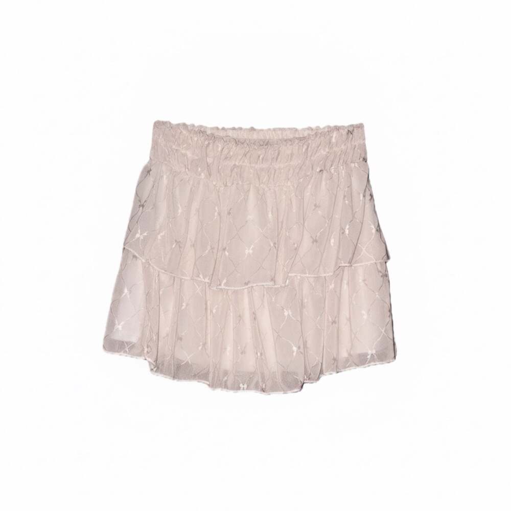 Kali Fashions Tiered Ruffle Mini Skirt with Embroidered Bow Lattice Pattern